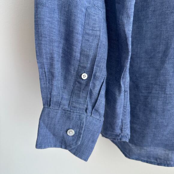 Thomas Pink Shirt Mens 17 1/2 Blue Linen Dress Button Up Long Sleeve 44 1/2 - Picture 4 of 10